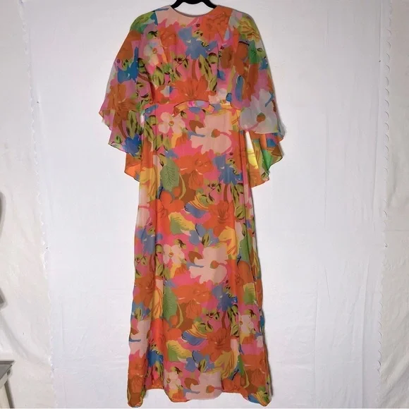 Vintage 60’s 70’s Orange Pink Blue Floral Capelet Chiffon Maxi Dress M Boho - Picture 16 of 16